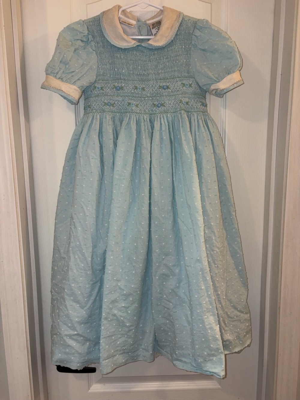 Laura Ashley Light Blue Swiss Dot Smocked Puff Sleeve Dress sz 6x